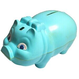 VTG Westland Plastics Piggy Bank Celluloid Blue USA Kitschy 1950s Hat Missing